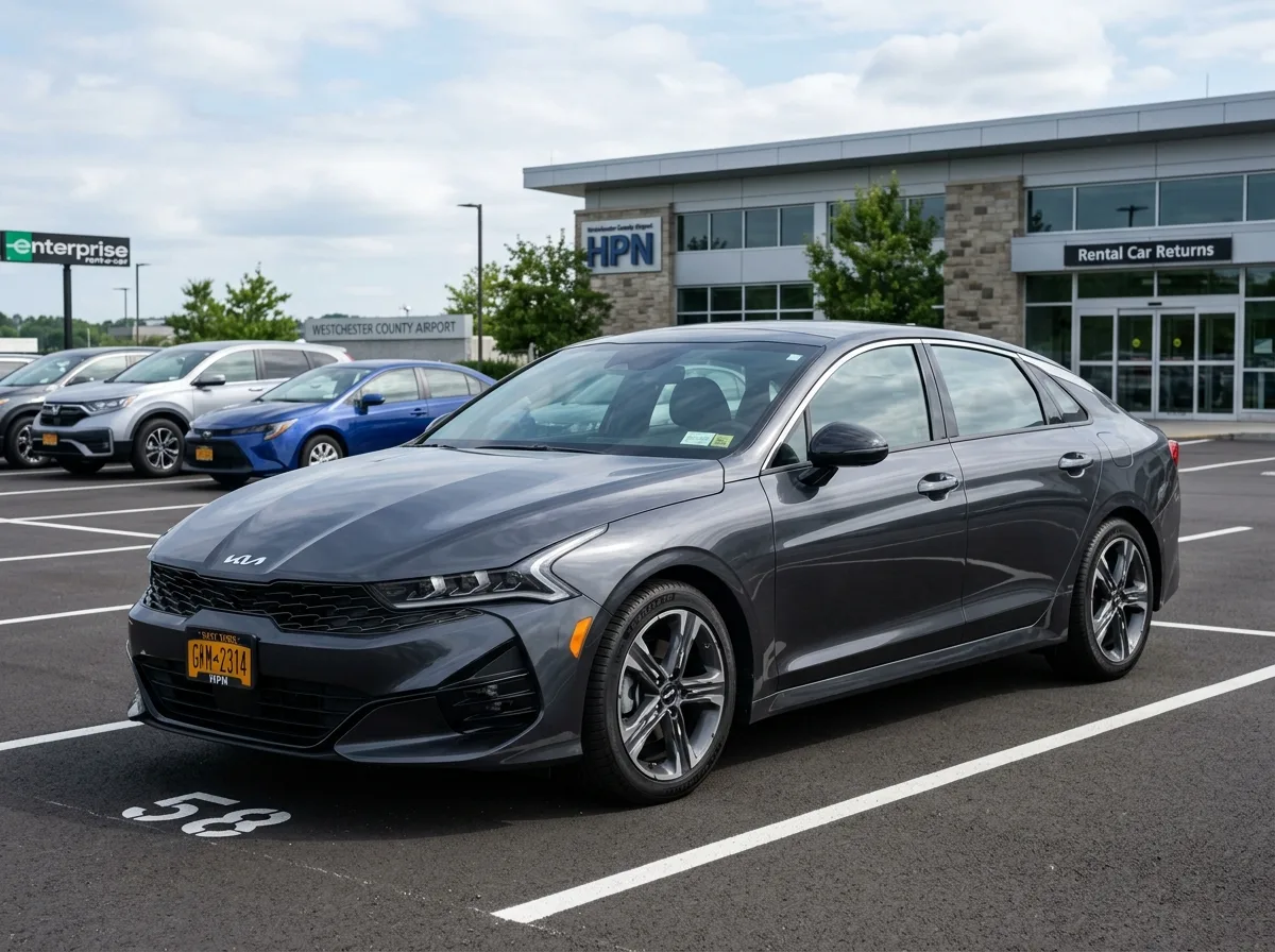 Intermediate sedan Kia K4 rental car at Westchester airport, dark gray, sporty profile angle, clean background