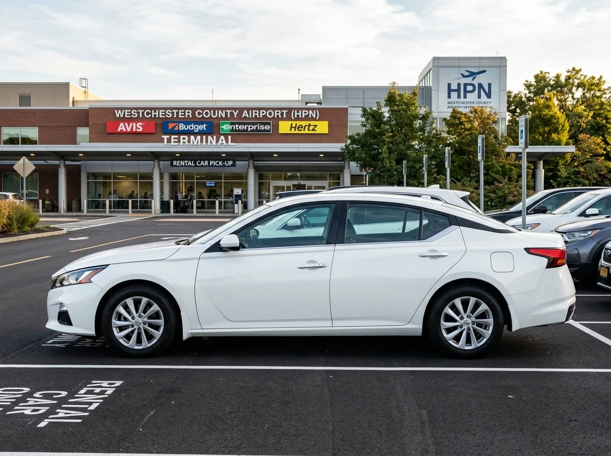 Full-size Nissan Altima sedan rental at HPN White Plains airport, white vehicle, side profile, professional photography