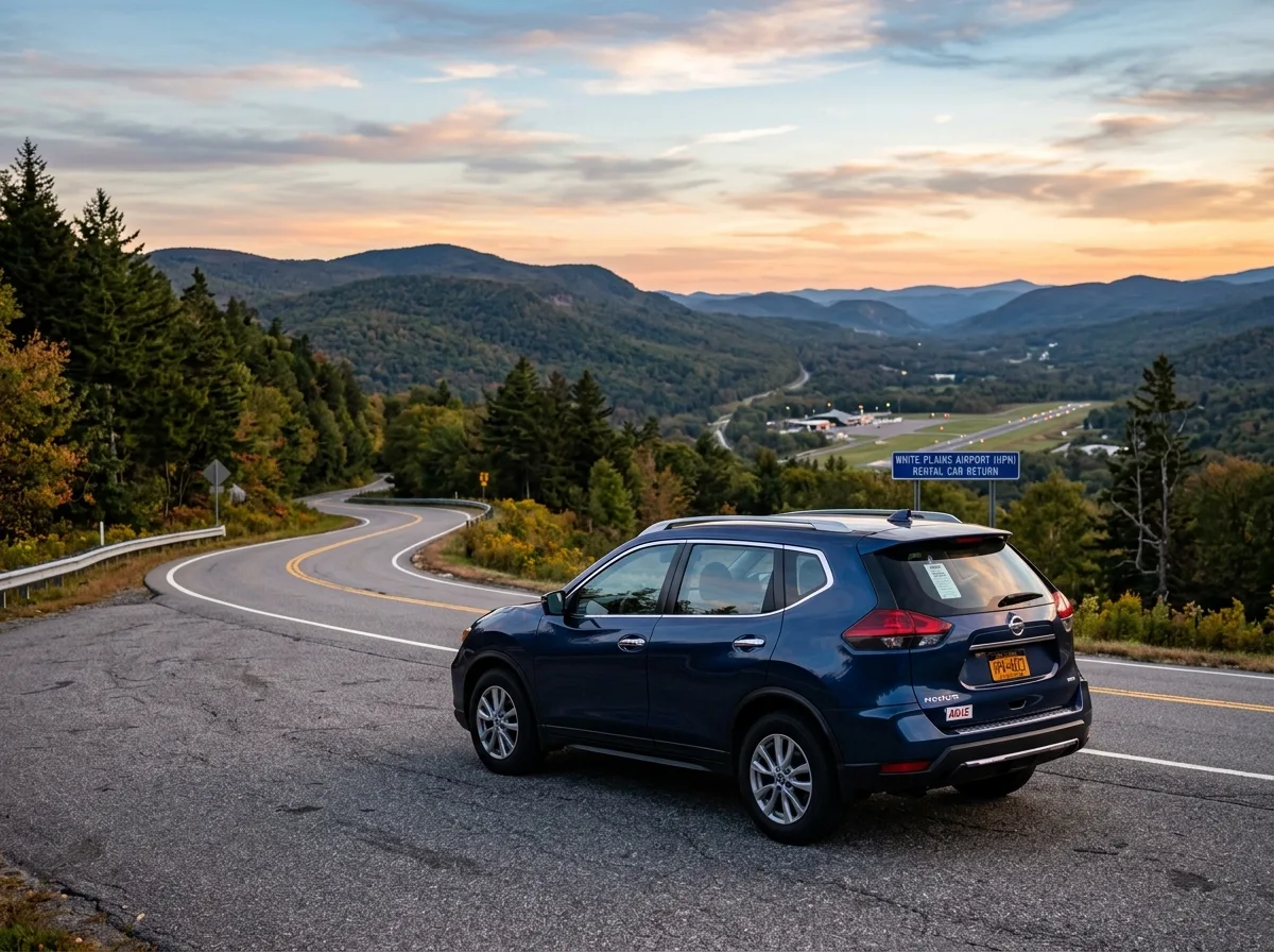 Nissan Rogue compact SUV rental at HPN airport White Plains, dark blue, outdoor mountain road setting