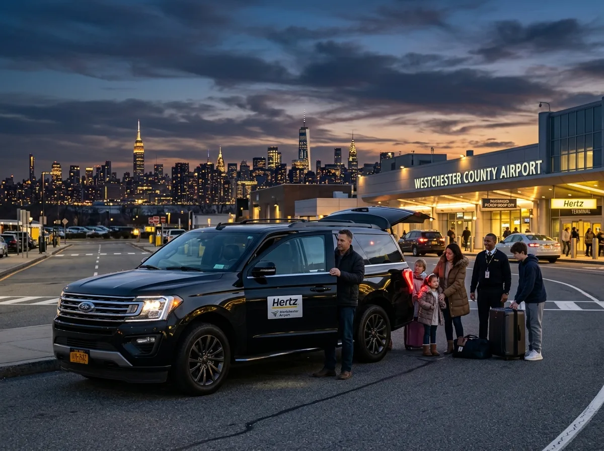 Ford Expedition full-size SUV rental at Westchester County Airport, black, large family vehicle, city skyline background dusk