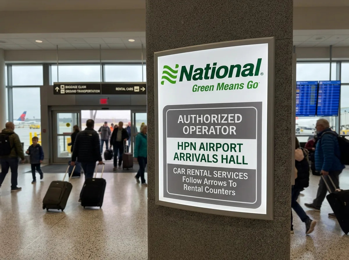 National Car Rental logo, authorized HPN airport arrivals hall operator