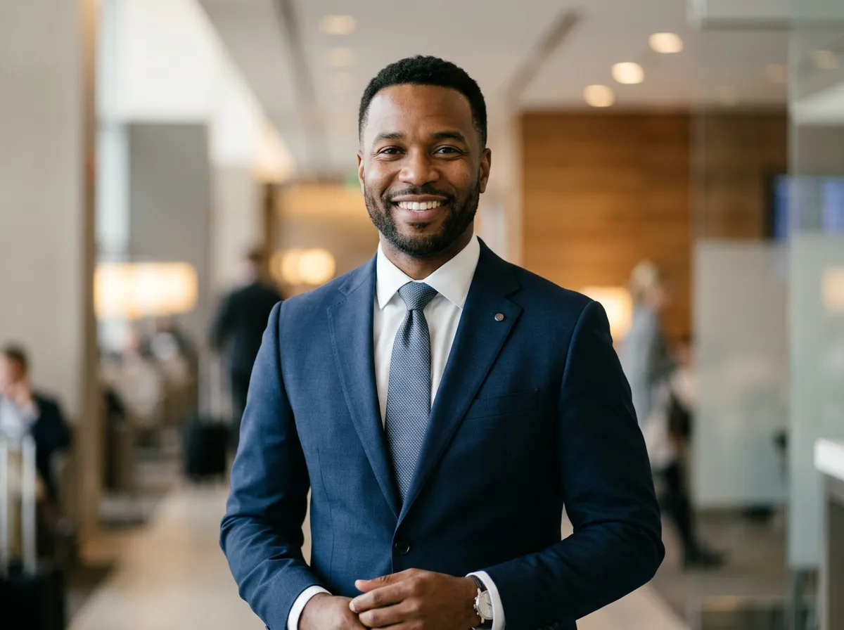Portrait of traveler Marcus D, business executive, confident smile, neutral background