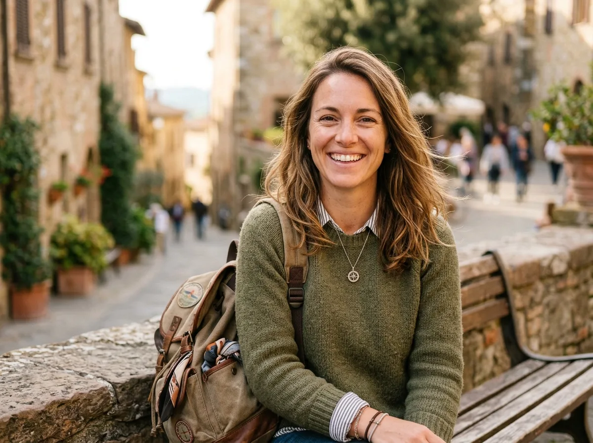 Portrait of traveler Jennifer R, woman in her 30s, warm smile, outdoor light background
