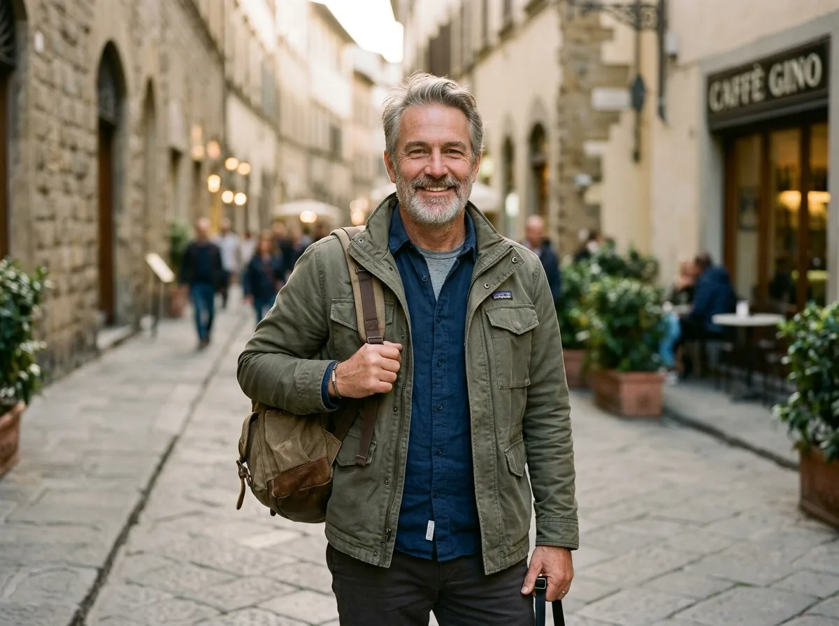 Portrait of David K, male traveler in his 50s, relaxed expression, casual travel clothing